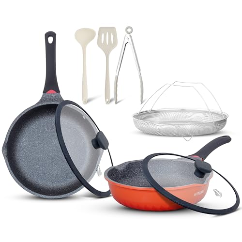Frying Pan Set, Non Stick Cookware Set, Extra Deep, Anti Scratch, Ceramic Coated, Chemical Free, Induction Compatiable, Heat Sensor Handle, with Utencils 10 Pieces Set