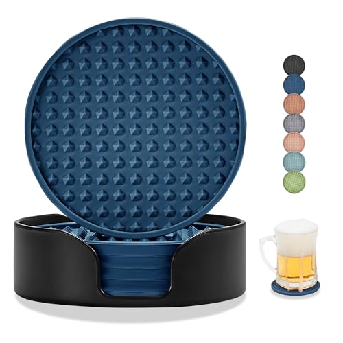 ButterMelt Coasters for Drinks, Silicone Coasters Set of 6 with ABS Holder, Outdoor Coaster for Coffee Table, Non-Slip Rubber Table Cup Mat Desk, Heat Resistant & Scratch-Proof (Navy Blue)