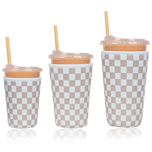 Image of Reusable Insulated Neoprene Iced Coffee Cup Sleeve, Durable Drink Sleeve for Cold Beverages, Beverage Holder for Iced Coffee, Classic Checker