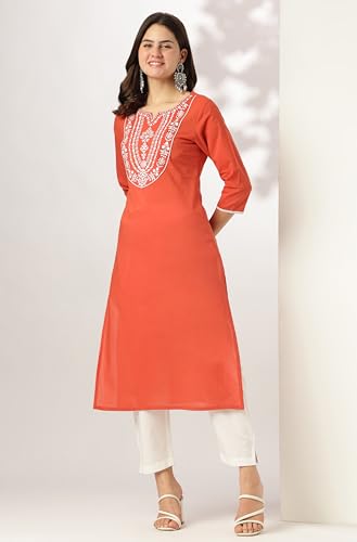 Image of Janasya Women's Pure Cotton Yoke Embroidered Straight Kurta
