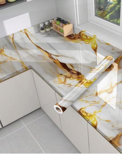 Image of TEKCOOL Premium Wall Stickers DIY Wallpaper Vinyl Marble Peel and Stick Waterproof Wallpaper for Home Kitchen Countertop Cabinet Furniture Oil Proof Kitchen Stickers(60x200cm)(Premium White Gold-2pc)!