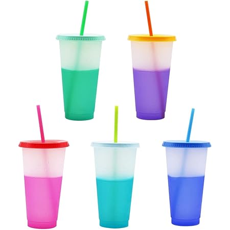 Ochine Color Changing Cups with Lids and Straws 5 Pack Plastic Cup Reusable Party Drinking Cup Summer Cold Coffee Tumblers 24oz Bulk Ice Cold Drink Straw Tumbler for Kids Adults