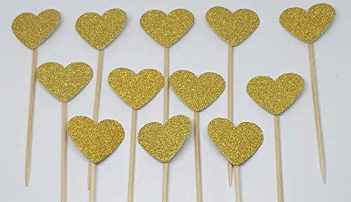 HoitoDeals 12 Pcs Glitter Heart Shape Cupcakes Toppers For Party Decoration Food Flags