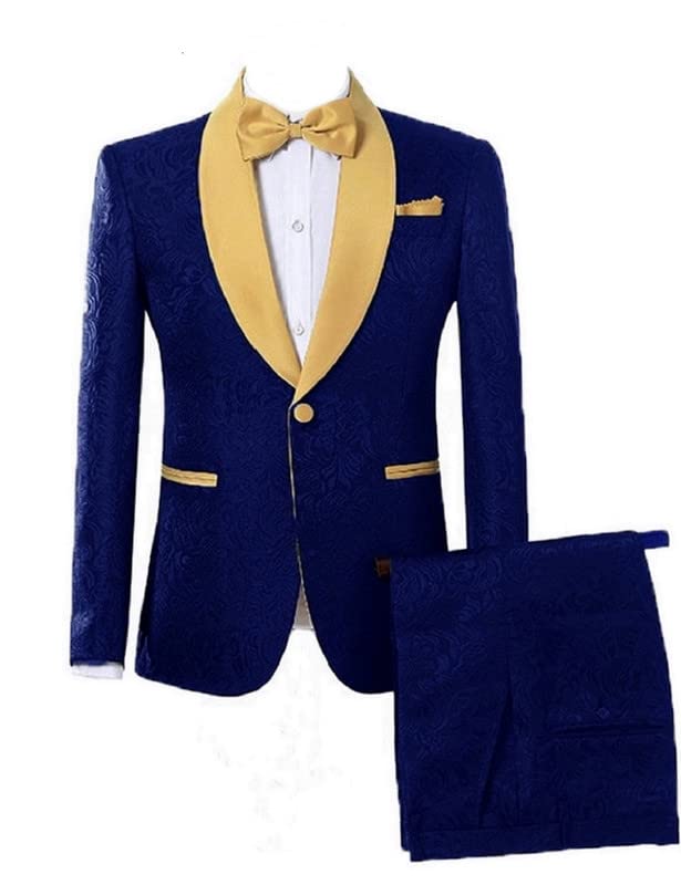 2024 Mens 2 Piece Jacquard Dress Suit Set One Button Tuxedo Blazer & Pants with Gold Lapel Shawl Jacket JXZ043