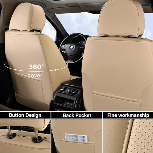 Image of Coverado Front Seat Covers, 2 Pieces Universal Seat Cover for Cars, Breathable Nappa Leather Waterproof Car Seat Cover, Car Seat Protector, Driver Seat Cover, Auto Seat Covers Fit for Cars, Beige