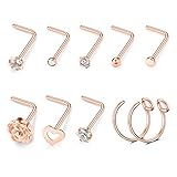 Kangyijia 20G 10Pcs Nose Studs Rose Gold Surgical Steel L-Shape Nostril Studs Screws Nose Ring Hoop Piercing