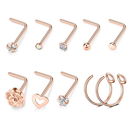PEAKLINK 20G 10Pcs Nose Studs Rose Gold Surgical Steel L-Shape Nostril Studs Screws Nose Ring Hoop Body Piercing