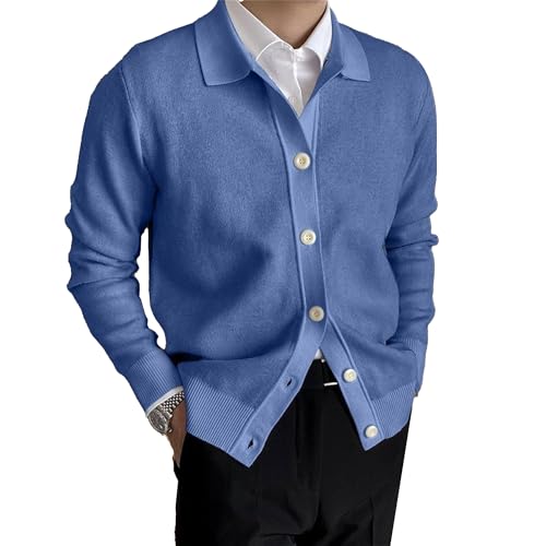 Men's Fall Winter Cardigan Sweater Lapel Knitted Solid Casual Knitwear Button Down Long Sleeve Sweaters (Large,Blue)