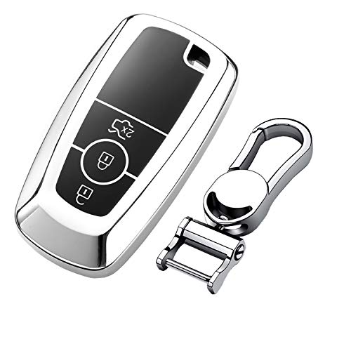 M.JVisun Soft TPU Case Key Fob Cover For Ford Bronco Ecosport Edge Escape Expedition Explorer F150 F250 F350 F450 F550 Fusion Maverick Mondeo Mustang Ranger Car Key - Glossy Silver - Metal Keychain