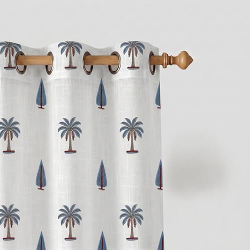 Image of LINENWALAS Decorative Cotton Linen Sheer Curtains 5 Feet for Window -Block Printed Door Curtain | Grommet Hanging Style Pack of 2 Panels |Light Filtering Sheer Drapes (Coastal Palms)