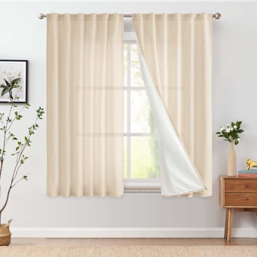 Image of jinchan Lined Linen Curtains Privacy Back Tab 50x63 Inch 2 Panels Set Beige