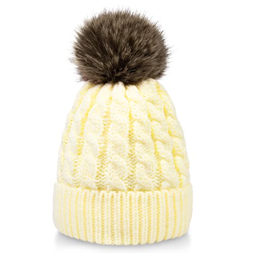 Bonnet d'hiver anti-courants d'air tricoté main fausse fourrure crème femme