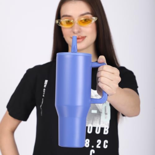 Image of House of Quirk 1200ML Tumbler with Handle & Simple Flip Straw - Car Cup Holder Friendly, Leak Resistant Stainless Steel Water Bottle with Rubber Base (Cobalt Blue)