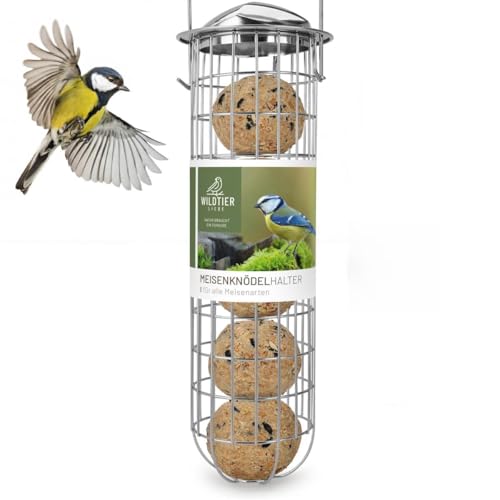 WILDTIER LIEBE Distributeur de boules de graisse en acier inoxydable 31 cm, argenté – Distributeur de nourriture pour oiseaux en acier inoxydable, mangeoire...