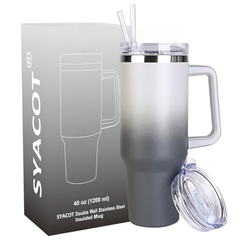 SYACOT 40 oz Tumbler with Handle and Straw Stainless Steel Insulated Tumbler Leak Proof Lid and Straw Lid Reusable Travel Mug Coffee Mug Cup Dishwasher Safe Keep Drinks Cold and Hot (Grey&Black)