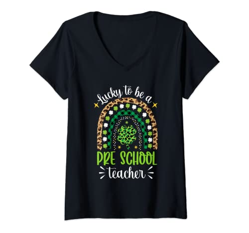 Womens Lucky To Be A Pre School Teacher Rainbow St Patrick’s Day V-Neck T-Shirt