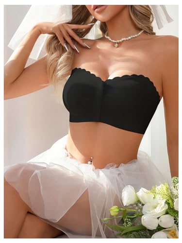 WDIRARA Women's Strapless Front Closure Bra Non-Slip Padded Bandeau Bras Wavy Trim Seamless Tube Top Bralette4