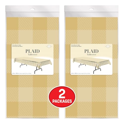 Image of Beistle Beige Cream Plaid Plastic Tablecover 54 x 108 Inch 2 Pack