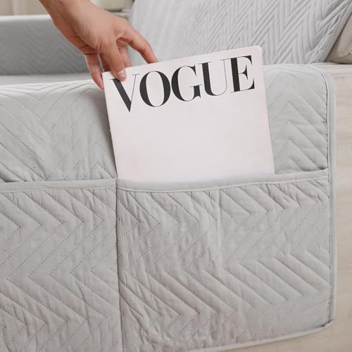 Image of HOKIPO 2 Seater Quilted Sofa Cover with Pockets, Light Grey (NEW1-802-LGRY)