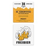 Personalisierte Geburtstagseinladungen im Freibier Motiv, von 10 bis 100 Stück Sets wählbar, witzig und frech, dickes 300g/qm Papier, Quadratisch 148x148mm, Präziser Druck, Made in Germany