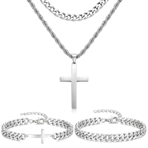 Kingdder 4 Pcs Cross Necklace and Bracelet Set for Men Sturdy Stainless Steel Cuban Chains with Message Card Gift Box Layered Christian Jewelry Gift for Boyfriend Dad Son Baptism