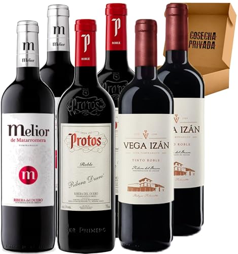 Pack Vinos Ribera del Duero - Envio 24h - Vinos Regalo - 2x Melior, 2x Protos Roble, 2 x Vega Izán Roble- Cosecha Privada (6 x Botella 75 cl, 1.07) - Pack 6 Bot - 1.07