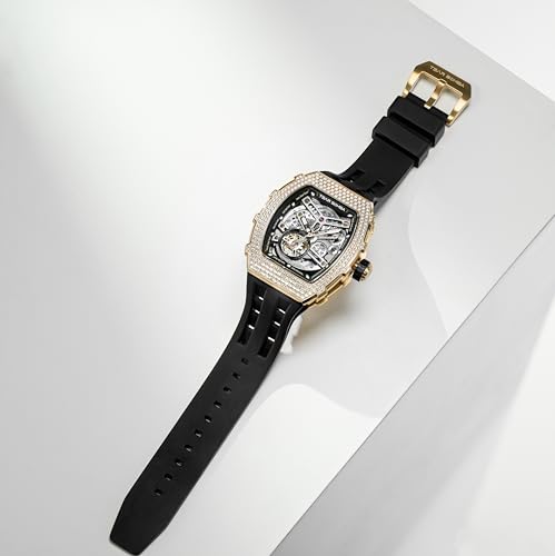 Image of TSAR BOMBA Men's Automatic Watch Tonneau Luxury Skeleton Watches for Men Mechanical 50M Waterproof Analogue Watches Mens Unique Cool Square Big Face Dial Wristwatch with Silicone Strap Band