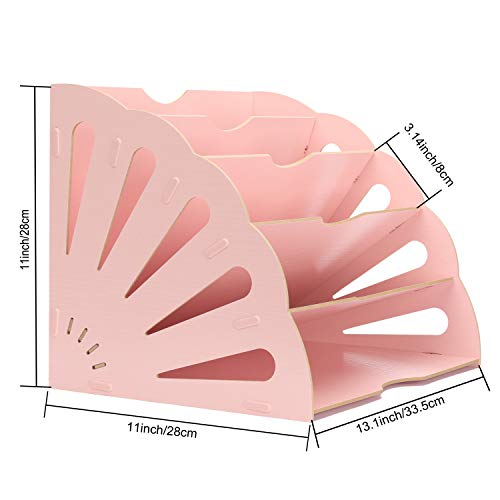 5 Sections Assembly File Sorter Buckle Design Office Wood File Organizer Document Desktop Folder for Home Students DIY Organization, Fan-Shaped Mail Letter Desk File Holder, Pink