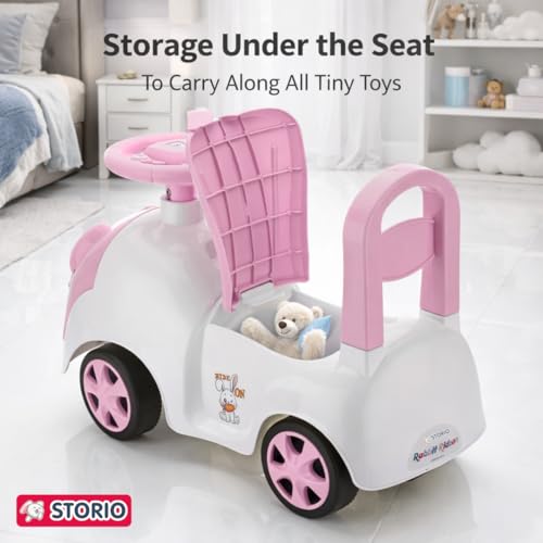 Image of Storio Rabbit Baby Ride-On Car Toy | Non-Battery Push Car for Kids with Backrest & Steering Wheel | Baby Ride On Toy for Boys & Girls 1-3 Years | Pink