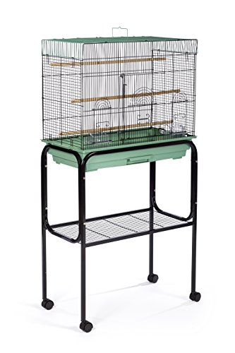 Image of Prevue Pet Products Bird Cage Stand with Shelf - Medium Metal Cage Stand with Rolling Wheels, Bird Stands for Inside, Mid‑Height Shelf for Cage Accessories, Toys, and Storage - Black