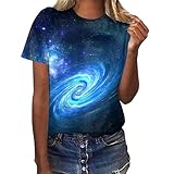 Damen Galaxy Starry Sky Print T-Shirt Casual Rundhals Kurzarm Bluse Bequem Loose Fit Tee, blau, M