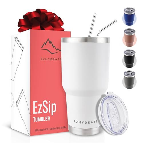 Ezhydrate 30 oz Tumbler with Lid - Stainless Steel Vacuum Insulated Coffee Travel Mug Double Wall Durable Leak Proof BPA Free Ice Coffee Thermal Cup -White