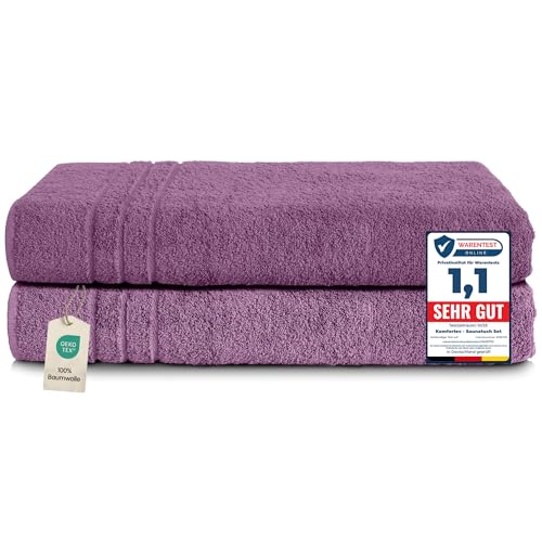 Komfortec Lot de 2 Serviettes de Sauna 80 x 200 cm 100% Coton XXL – Grandes Serviettes de Sauna Douces, à séchage Rapide, Violette