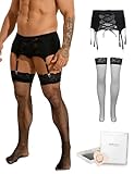 comeondear Porte-Jarretelles Homme Sexy avec Bas avec 6 Pince Grande Taille Jarretières Dentelle Porte Jarretelle Taille Haute Dessous Guêpière Curvy en Boîte Noir+Bas+Box,L