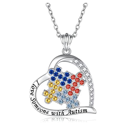 Autism Awareness Necklace 925 Sterling Silver I Love Someone with Autism Necklace Jewelry Gifts for Autism Mom Teacher Cover