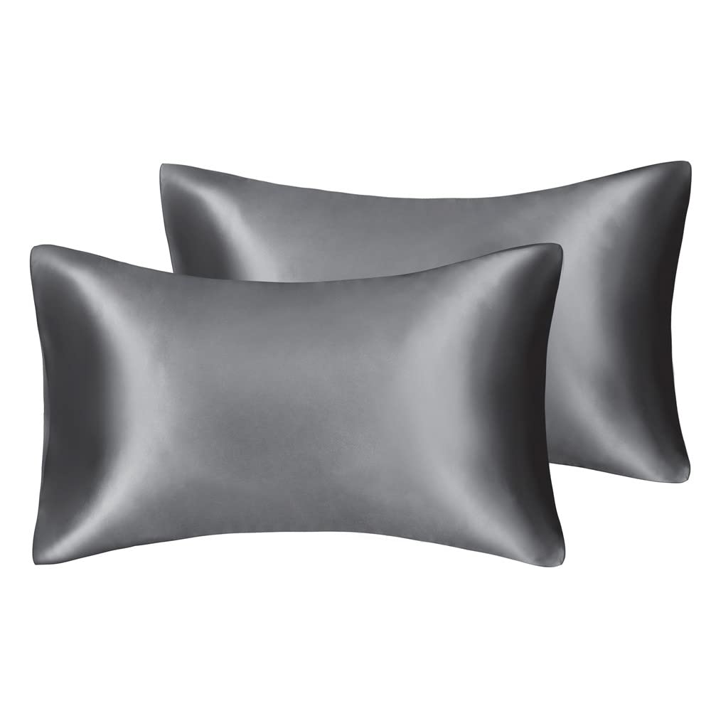 Silky Luxury Satin Pillow Case for Hair & Facial Skin to prevent wrinkles Hidden Zipper (Grey, Standard(50x75cm) 2 Pk)