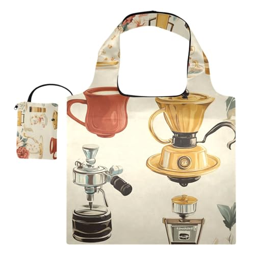 OWFKAY Bolsas grandes plegables para la compra, patrón de máquina de café, bolsa de comestibles extragrande, impermeable y ligera, 46 x 41 cm, Patrón de máquina de café, Talla única