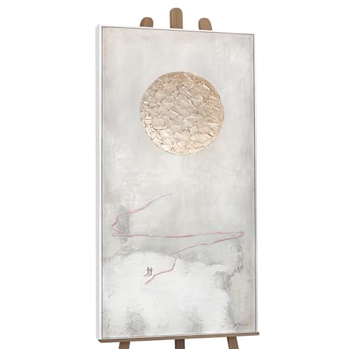 YS Dipinto incorniciato a mano Pittura acrilica su tela Via del sole Soggiorno arte astratta moderna luna bianco con oro Arredamento 100x50 cm