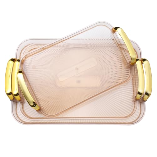 Zufudo 3 Pack Serving Tray with Handles, Stackable Reusable Trays for Serving Food, Plastic Serving Platters for Party, Charcuterie, Fruit, Appetizer, Amber Gold