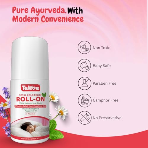 Image of Tekme Total Cold Relief Roll-On for Babies, 100% Natural with Organic Eucalyptus & Peppermint Oil, Relief from Cold, Cough, Block Nose & Nasal Congestion 40ml(Pack of 2)