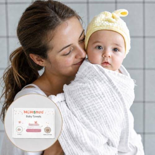 Image of Momsnug 3-Pack Muslin Hooded Baby Towels, Pink + White + Rose, 35 inch X 35 inch