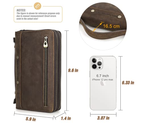 Image of Top Grain Genuine Leather Clutch Wallet Bag with Hand Strap for Man & Woman, Handmade Minimalist Vintage Design, 2 Zip Pockets & Multi Slots, RFID Large Capacity for Cards /Phone /Check /Banknote, Coffee