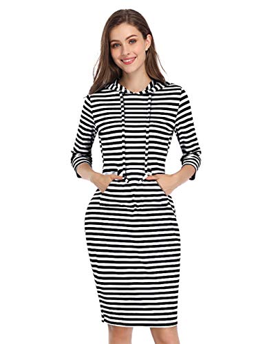 MISSKY Women's 3/4 Sleeve Cotton Knee Length Sweatshirt Dress (Black-White L)