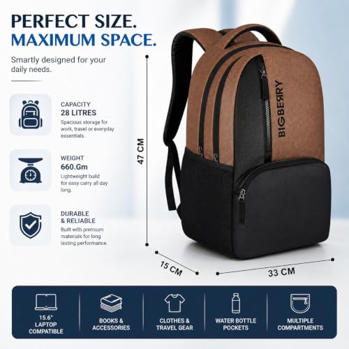 Image of BIGBERRY Rodeo | Leatherite Faux Leather Laptop Backpack for Men & Women | Water Resistant Medium Office, Travel, College Bag | Fits Up to 15.6 Inch Laptop | Travel, Casual & Business, Unisex