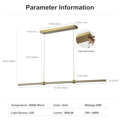Edislive Modern Linear Led Island Light Dimmable Led Chandelier 47.24 In Adjustable Linear Hanging Light Fixture 3000K 20W Pendant Light For Dinning Room Kitchen,Gold thumb #1