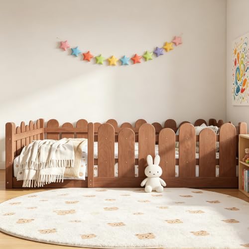 Image of Bellemave Full Size Kids Montessori Floor Bed,Floor Bed Frame with Rounded Safety Guardrail,Solid Wood Montessori Bed for Girls Boys,Brown