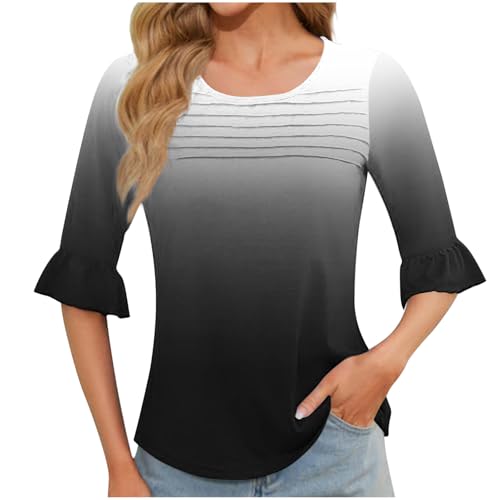 Womens Tops Dressy Casual Round Neck Pleated Front Blouse Cute Print Ruffle Bell Sleeve Shirt Tunic Cotton Pullovers2