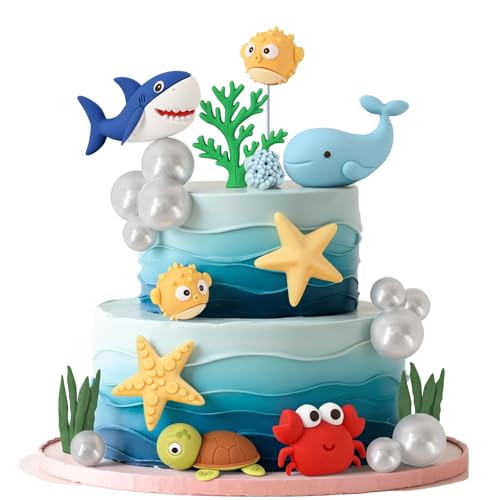 Under the Sea Cake Decorations Sea Ocean Cake Toppers with Shark Whale Turtle Pufferfish Cake Topper for Under the Sea Theme Baby Shower Birthday Party