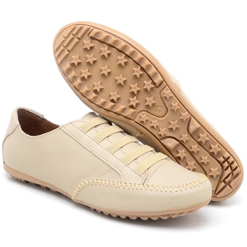 Sapato Mocassim Mocatenis Feminino Em Couro Legítimo (Bege, BR, Adulto, Numérico, 36)