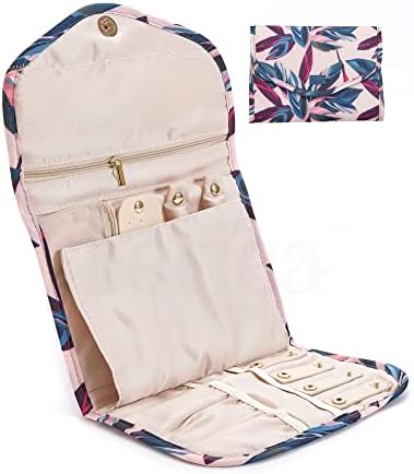 Periea Cleo Travel Roll Jewellery Organiser Portable Earrings, Necklace & Rings Pouch Protector (Peach Leaves, Medium)